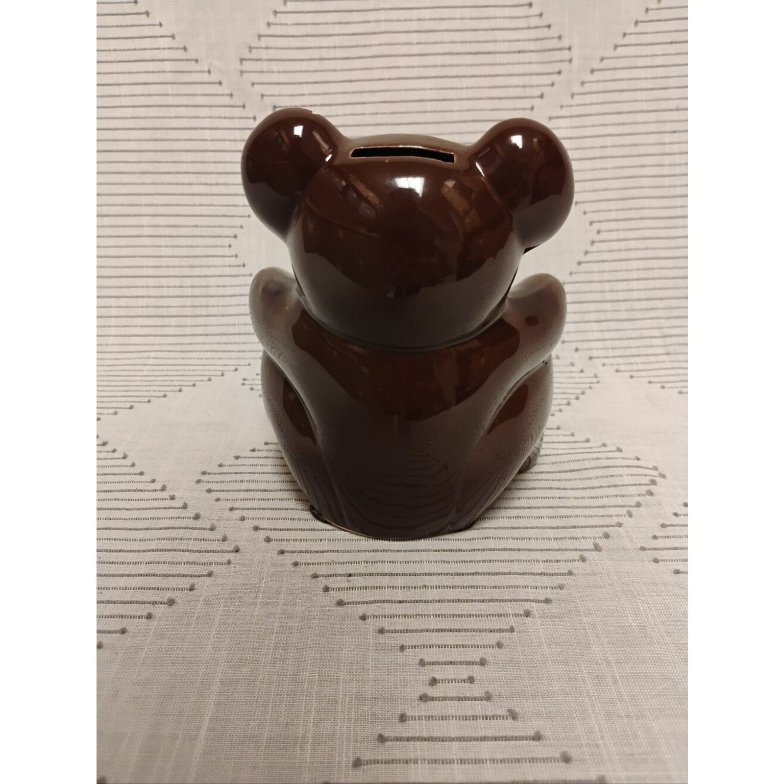 Vintage Brown Teddy Bear Ceramic Bank with Red Bow Made In Japan 70s
