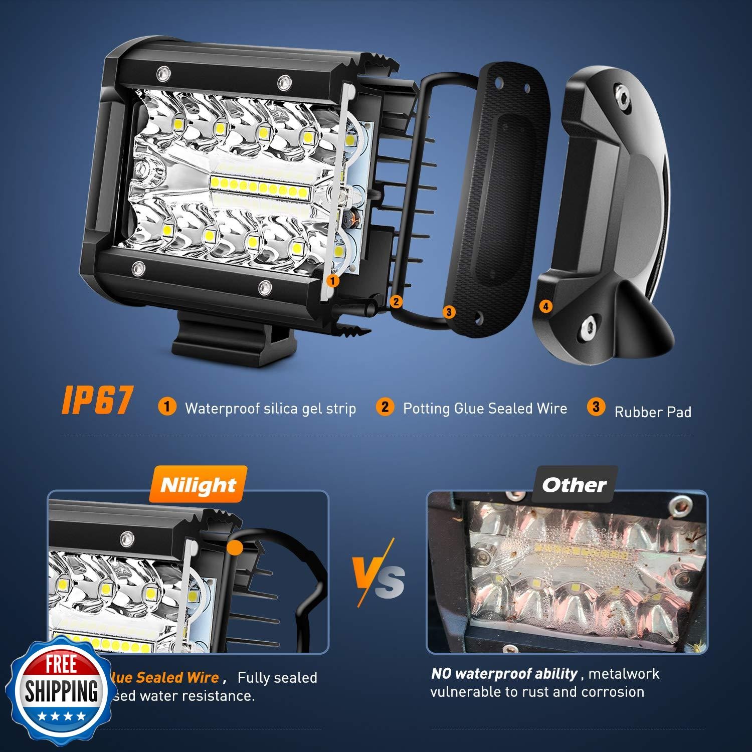 Nilight LED Light Bar 2PCS 60W 4 Inch Flood Spot Combo LED Work L