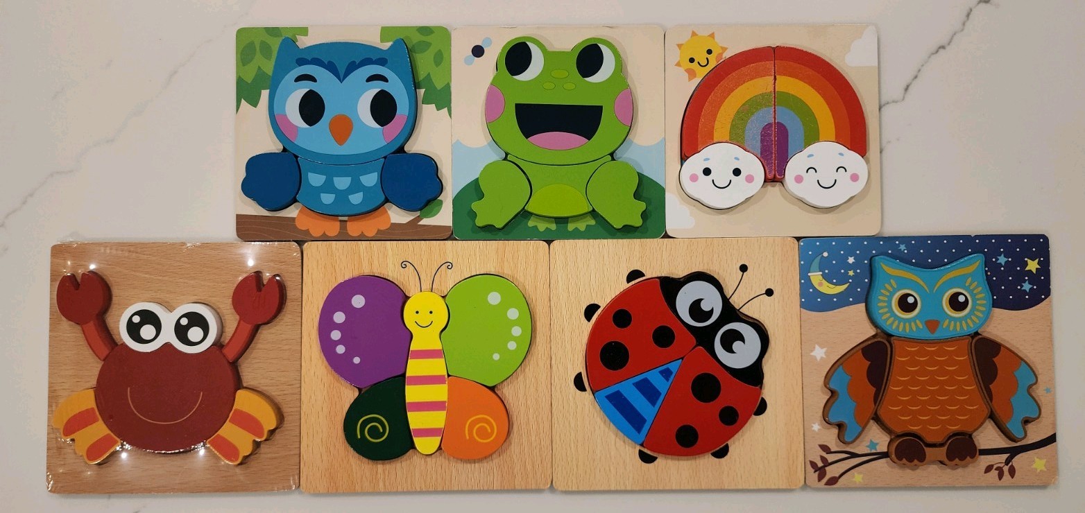 Preschool Wooden Puzzle Set of 7: Two Owls, Ladybug,Frog,Rainbow,Butterfly,Crab
