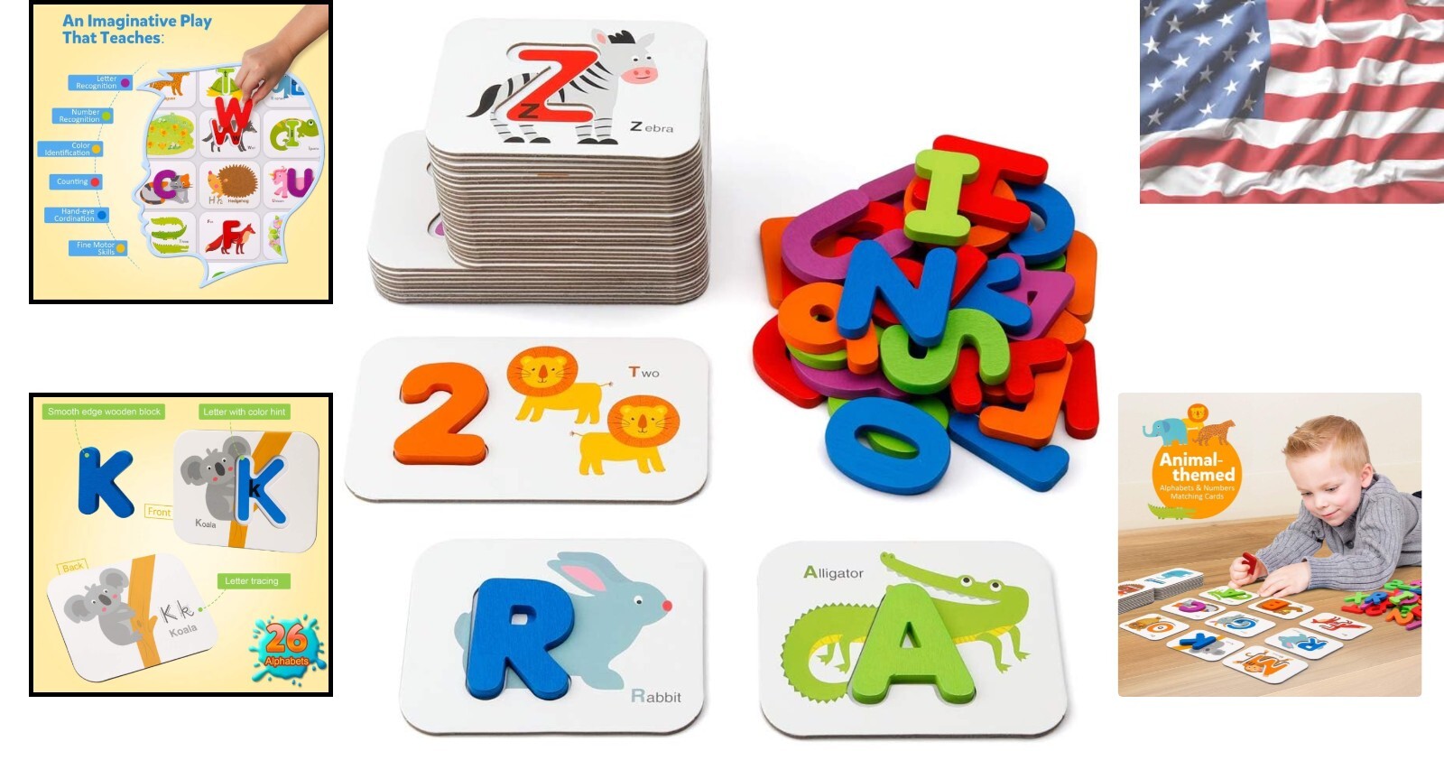 Numbers and Alphabets Flash Cards Set – ABC Wooden Letters and Numbers Animal…