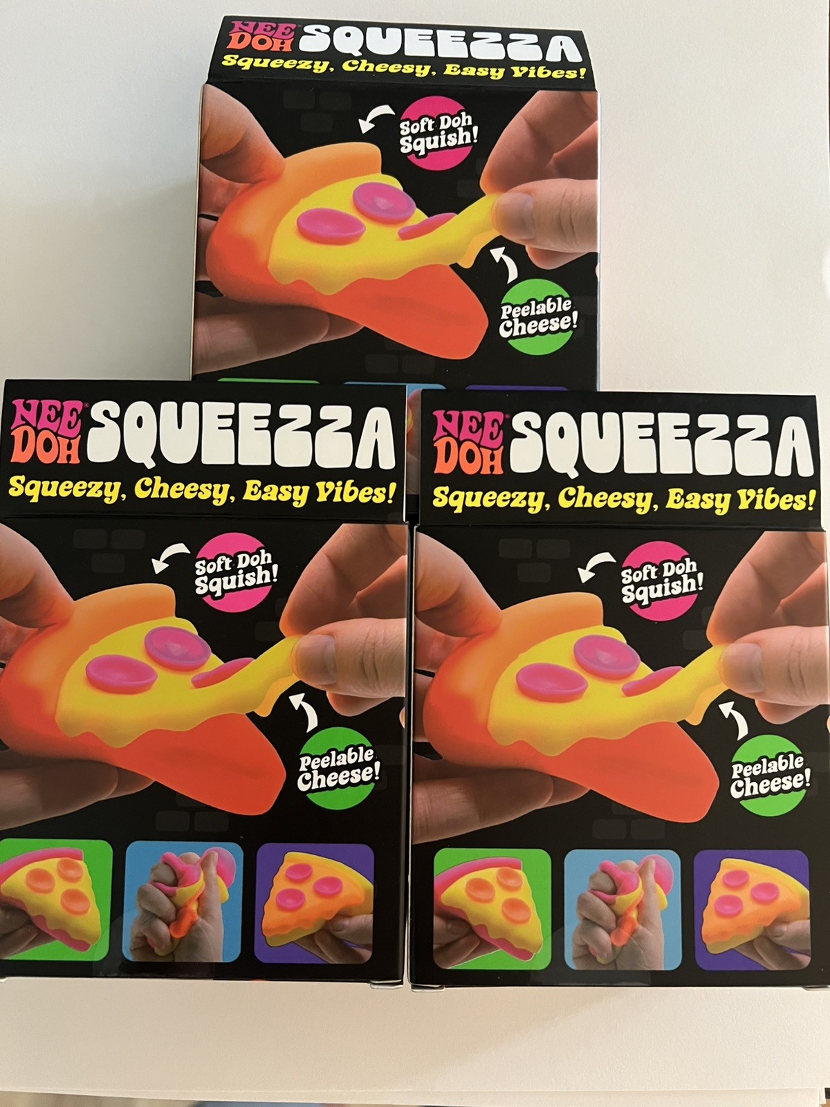 Schylling NeeDoh Squeezza Pizza Slice Lot of 3 Pink Yellow Orange NIB Rare Set🔥