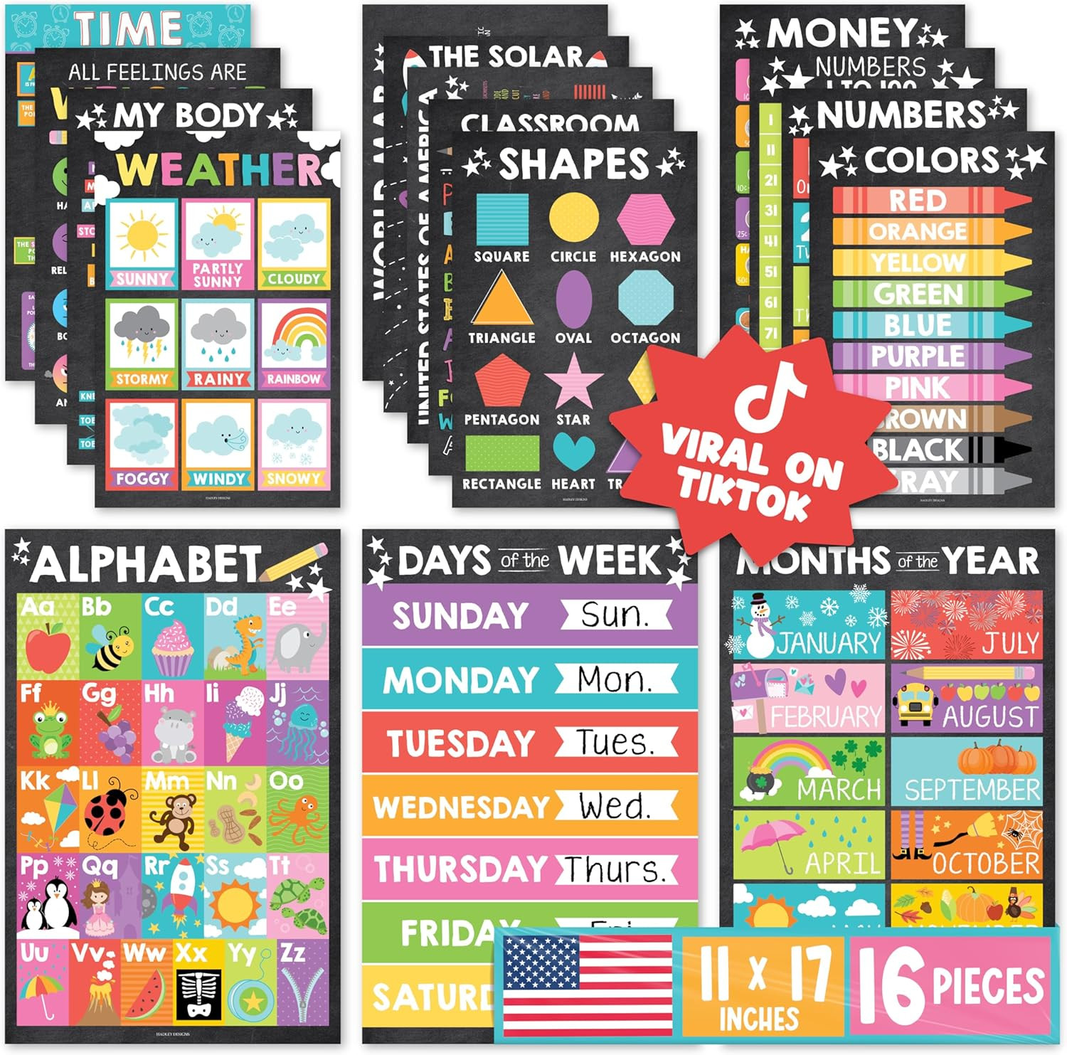 Educational Posters for Toddlers 1 3 Set of 16 Alphabet Learning Charts