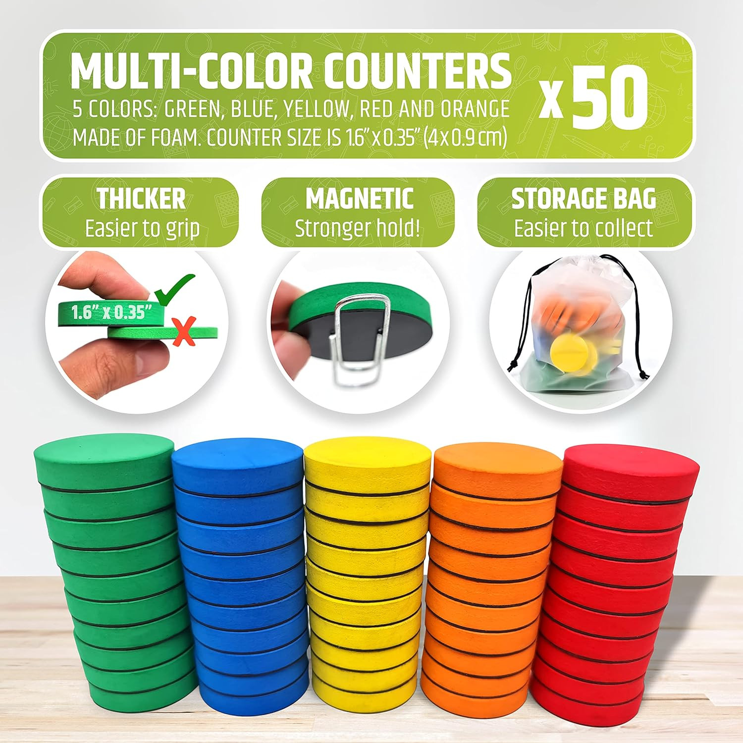 Magnetic Ten Frame Set: 4 Durable Ten-Frames + 50 Colorful Counters + 50 Math Fl