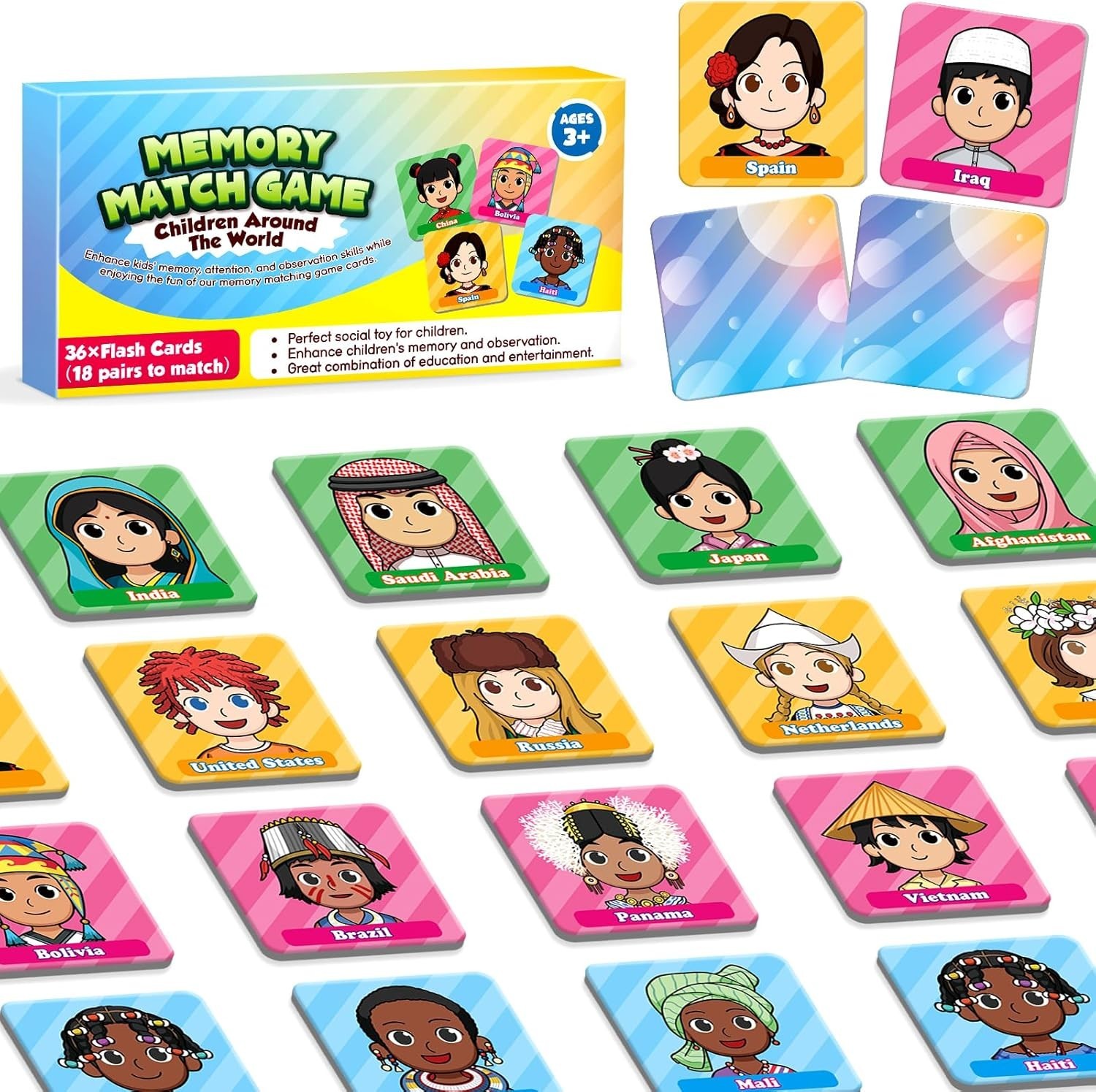 Aizweb Match Game, Memory, Children Around the World Countries 36 Pcs