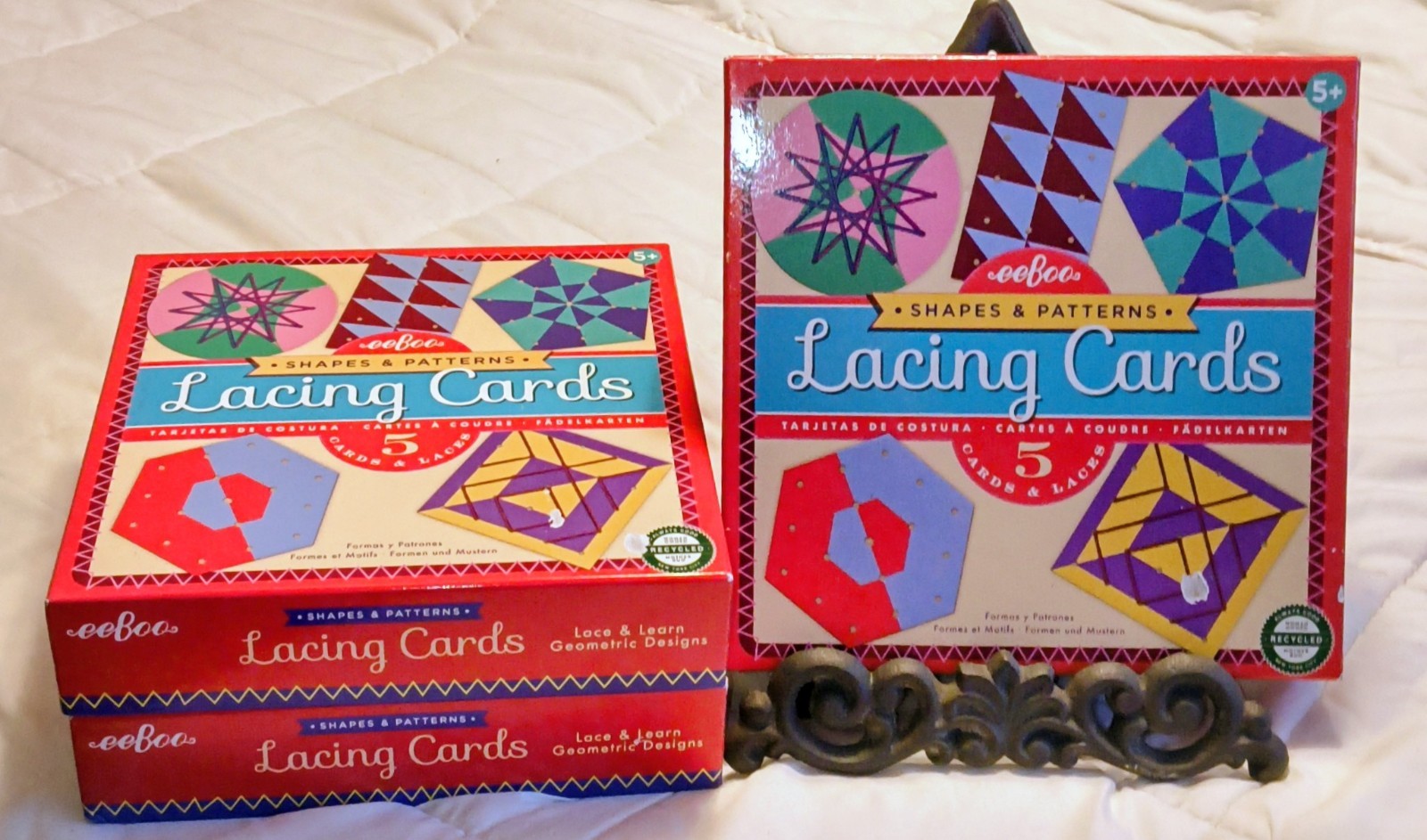 3 eeBoo Shapes & Patterns Lacing Cards Lace & Learn Geometric Designs Age 5+