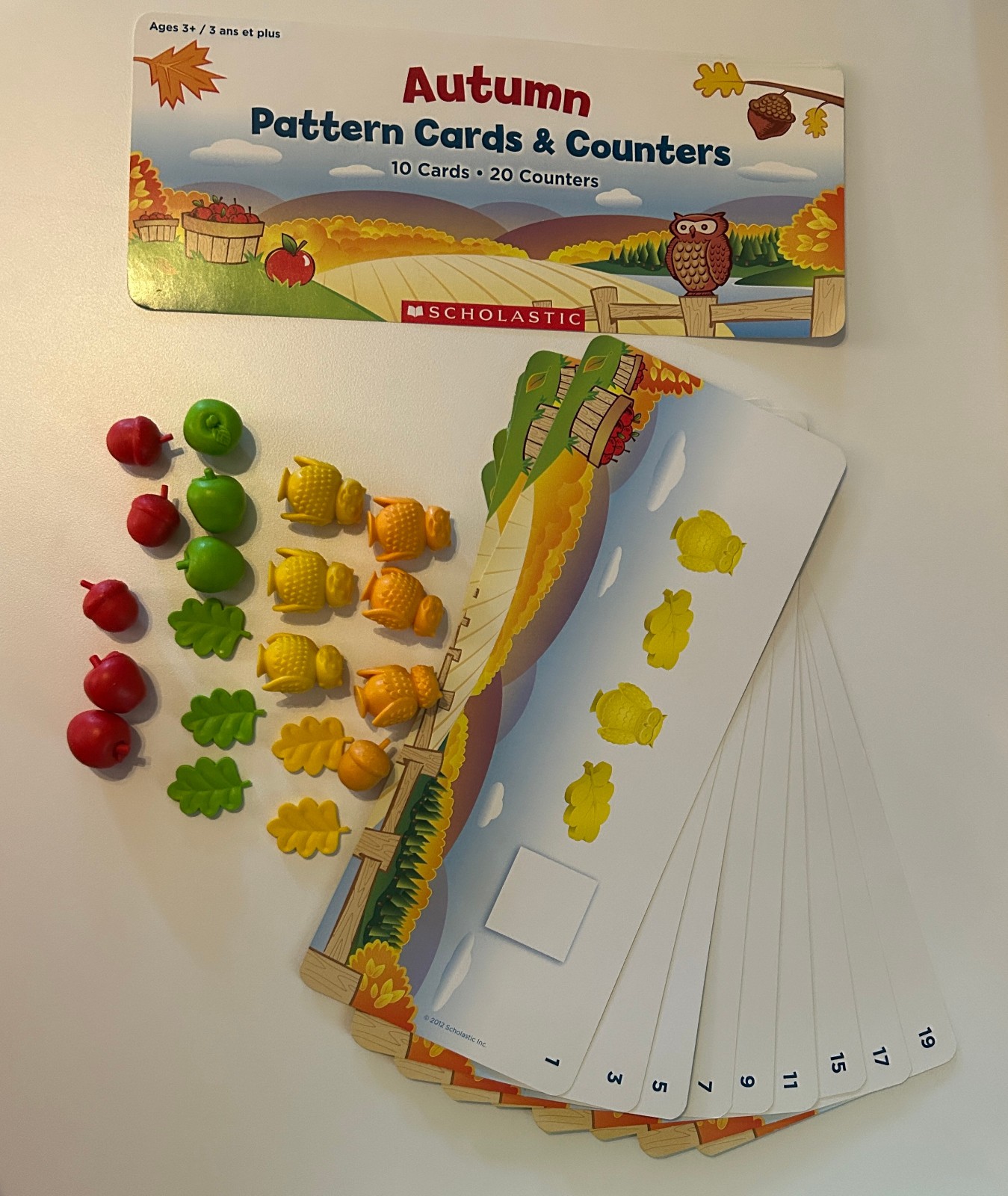 2012 Scholastic Autumn Pattern Cards & Counters, Owls, Apples, Leave, Acorns
