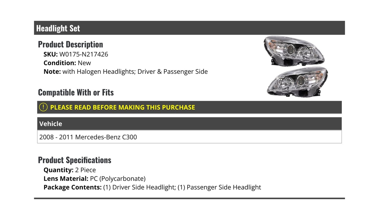 Headlight Set of 2 – Compatible with 2008-2011 Mercedes-Benz C300 (with Halog…