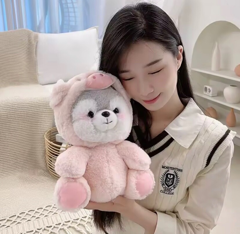 NEW Cute Husky Dog Plush Stuffed Animal with Pink Pig Costume for Women