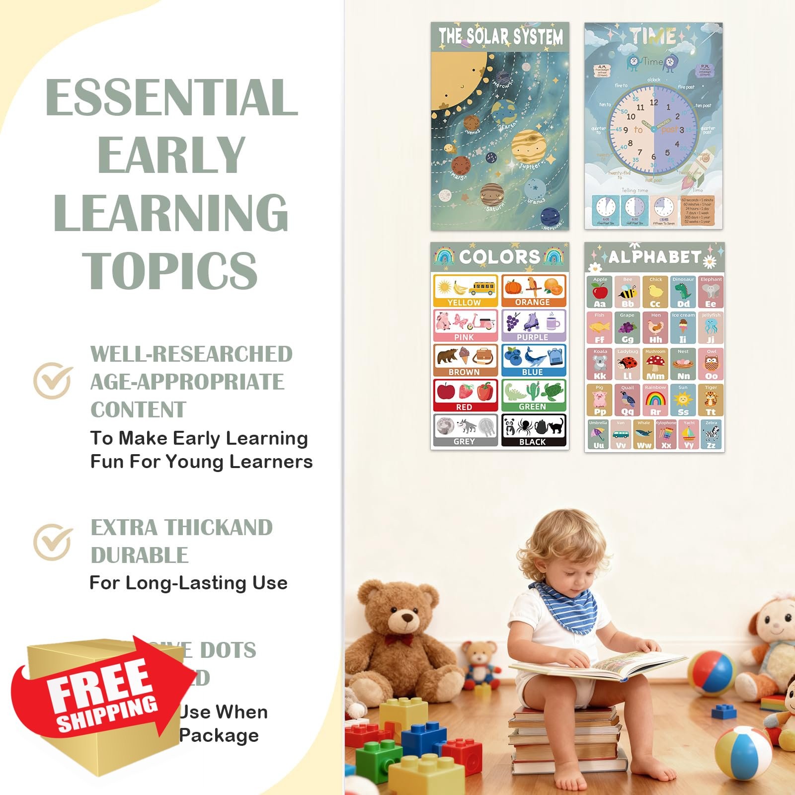 16 Preschool Educational Posters, Laminated, Morandi B, Learning Charts