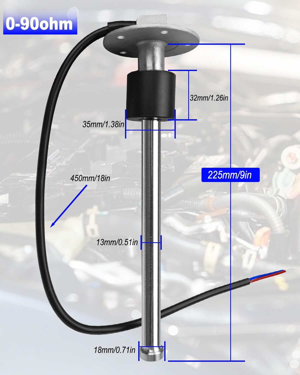 0-90ohm Fuel Sending Unit, 9″ Boat Fuel Sender 225mm Stainless Steel Water Gas