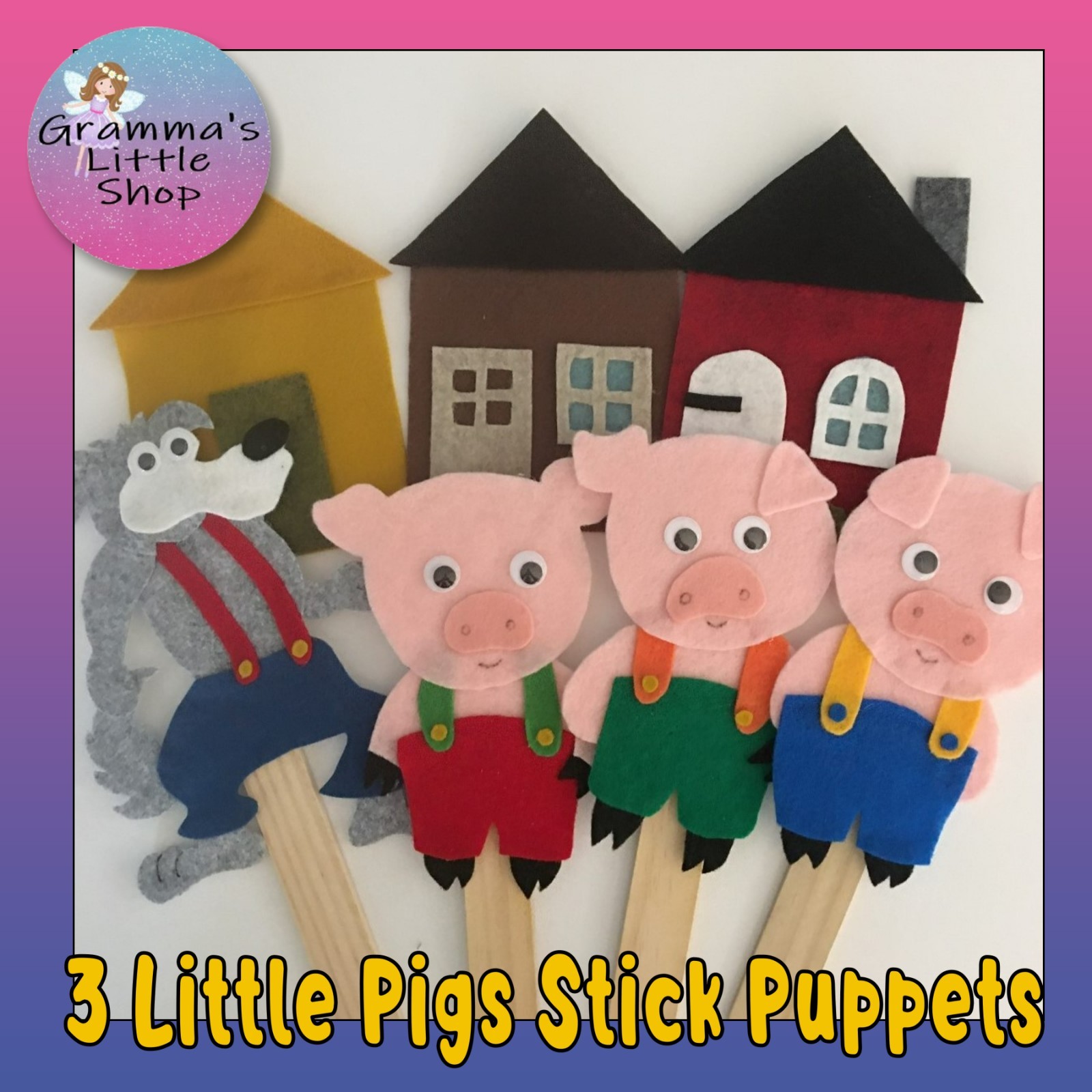 3 Little Pigs and the Big Bad Wolf Felt Board Pieces or Paint Stick Puppets