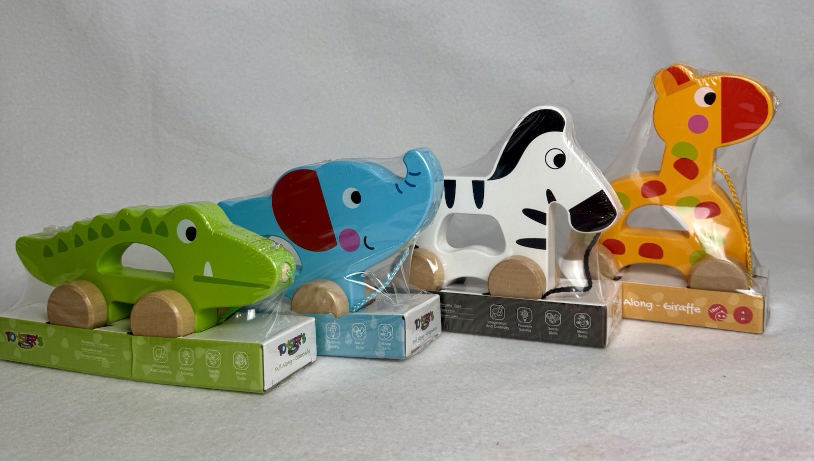 Pull Toy Wooden Animal~Montessori~ Alligator, Elephant, Giraffe, Zebra~Colorful