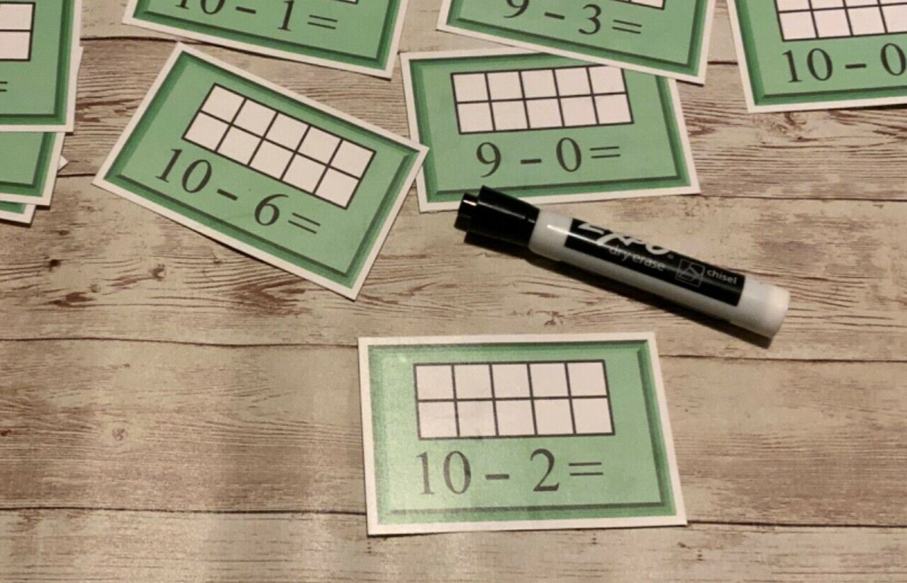 Subtraction Facts Ten Frame Cards – 56 Dry Erase Laminated Card – Kindergarten
