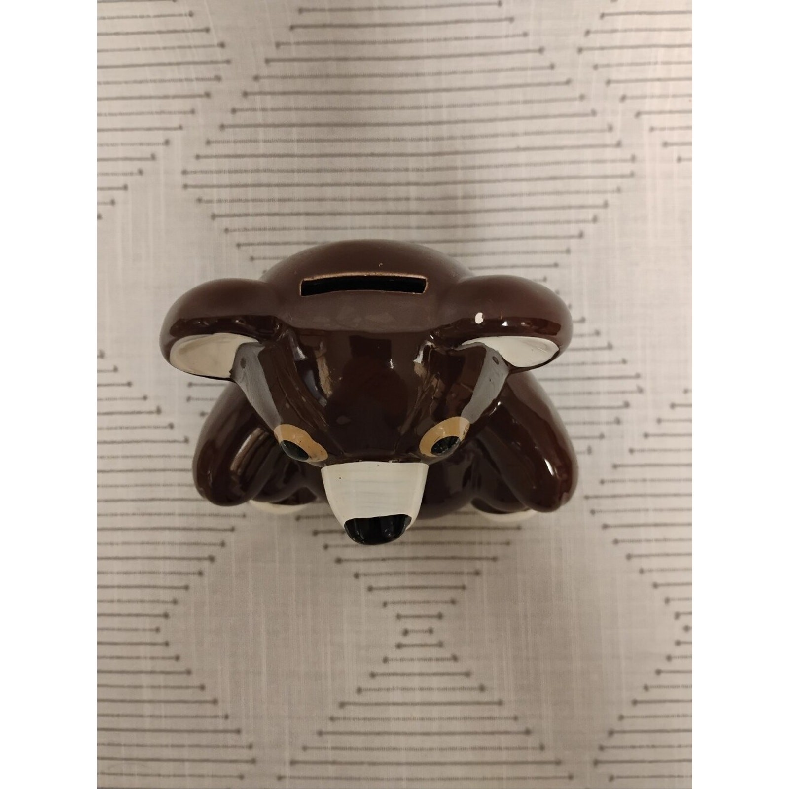 Vintage Brown Teddy Bear Ceramic Bank with Red Bow Made In Japan 70s