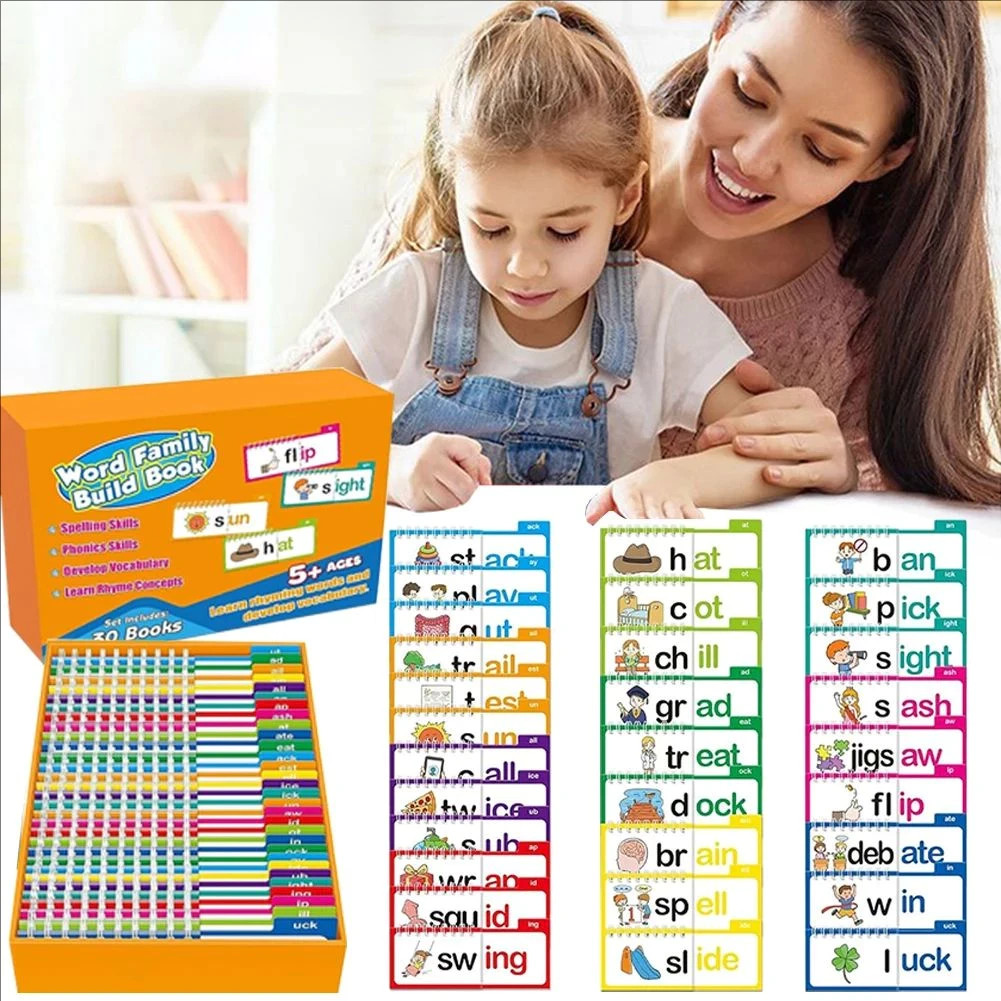 30 Read and Rhyme Flip Books,ABC Word Vocabulary Families Flash Cards