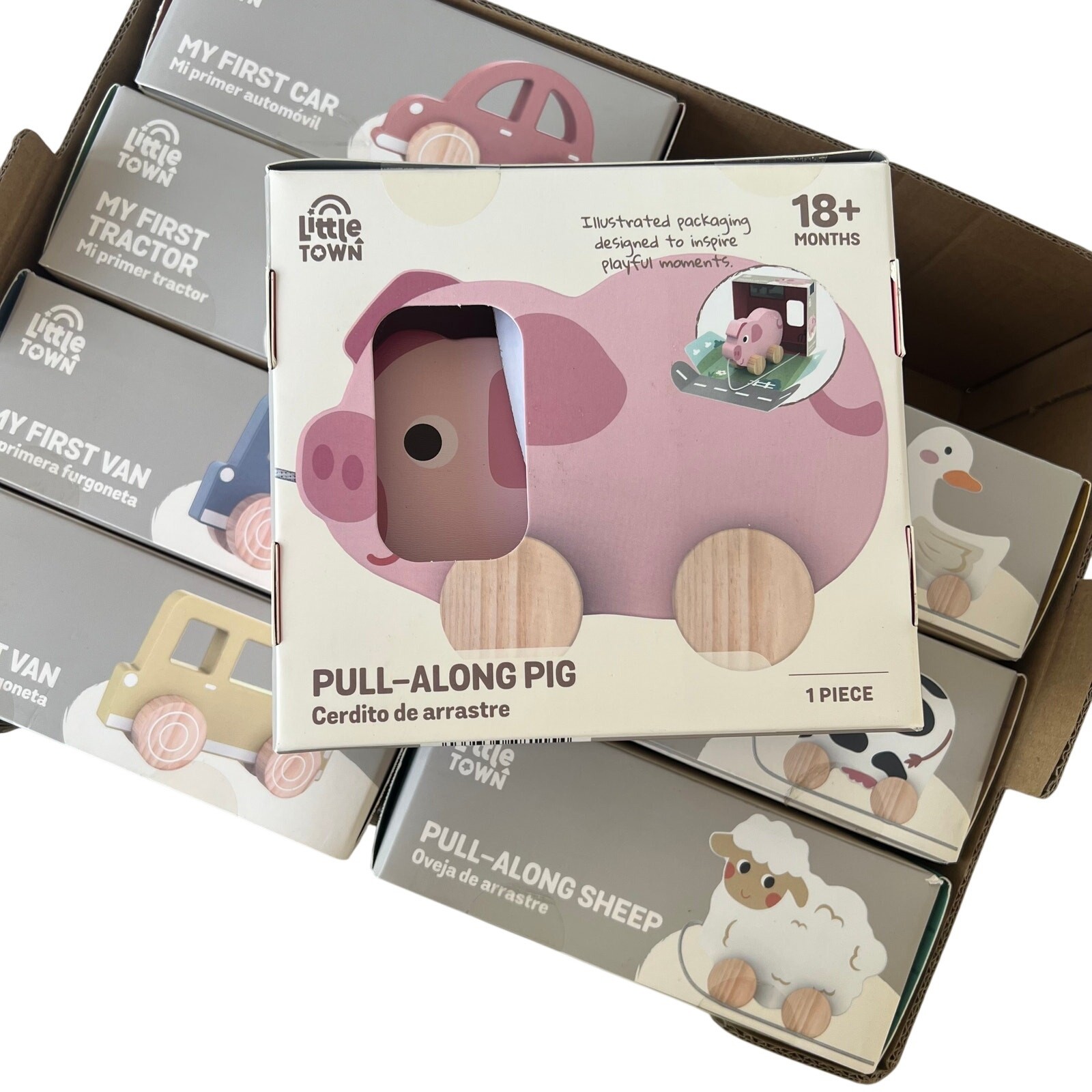 Little Town Wooden Baby Toy Lot 8 NIB Pull-Along Animals & Cars Aldi Montessori