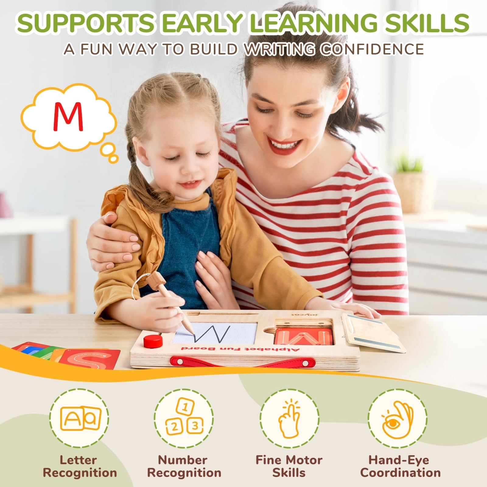 Wooden Letter Tracing Board for Toddlers 3-5, Magnetic ABC & Number Practice, Mo