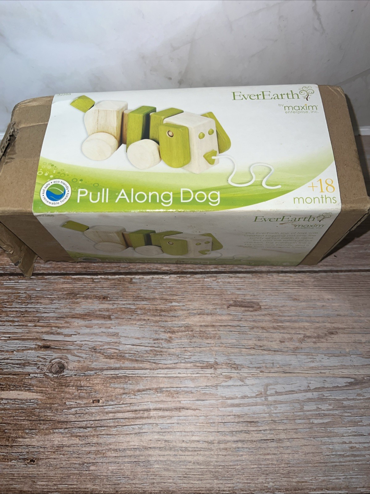 2009 Everearth Pull Along Green Dog RARE wooden Toddler/Baby Toy Ever Earth~