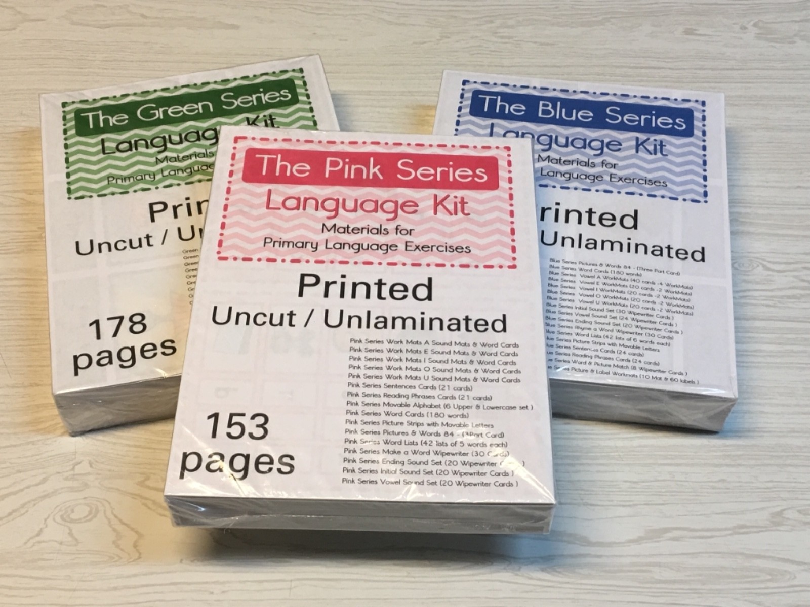 The Pink, Blue & Green Series – all 3 Language Kits Montessori (PRINTED) 500 pgs