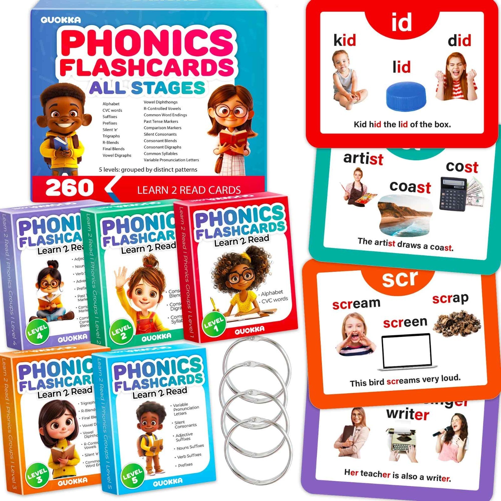 Phonics Flash Cards for Kids 4-8 – 260 Games for Reading & Phonemic Awareness