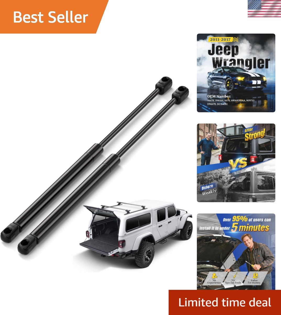 Durable Black Rear Window Struts for Jeep Wrangler 2011-2018 – 19.68″ Length