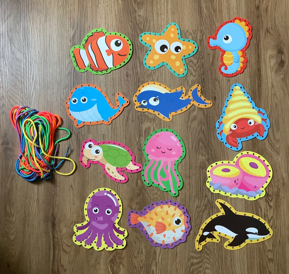 Set of 10 Double-Sided Lacing cards with 10 laces – Ocean Animals Theme NEW