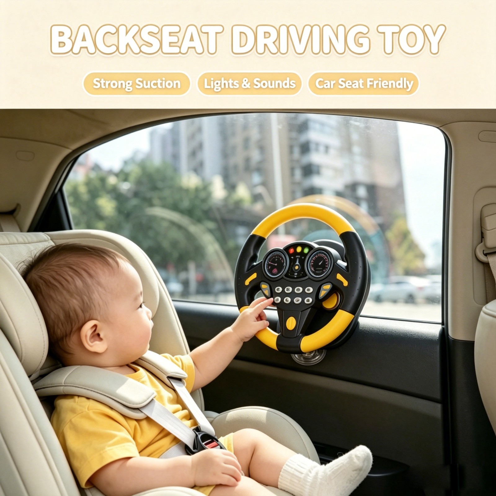 Toddler Backseat Pretend Steering Wheel Toy Suction Lights Xmas Birthday Gift