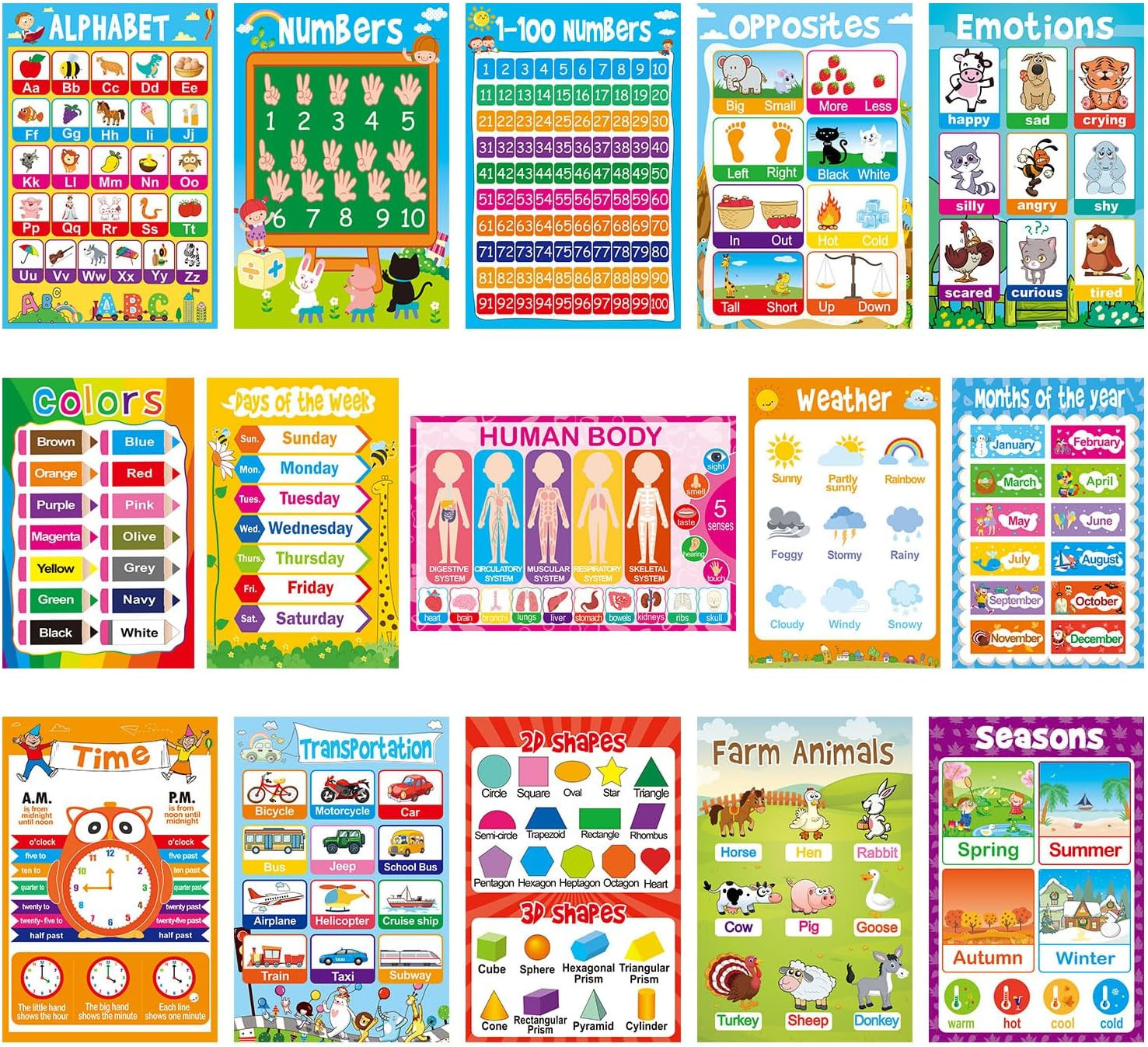 15 Educational Posters for Toddlers Kids Learning Alphabet Numbers Shapes Colors