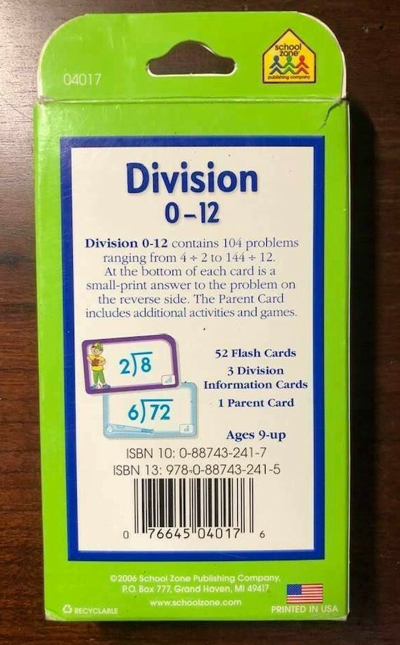 Division Flash Cards Flashcards 0-12 – Homeschool – School Zone – 52 cards