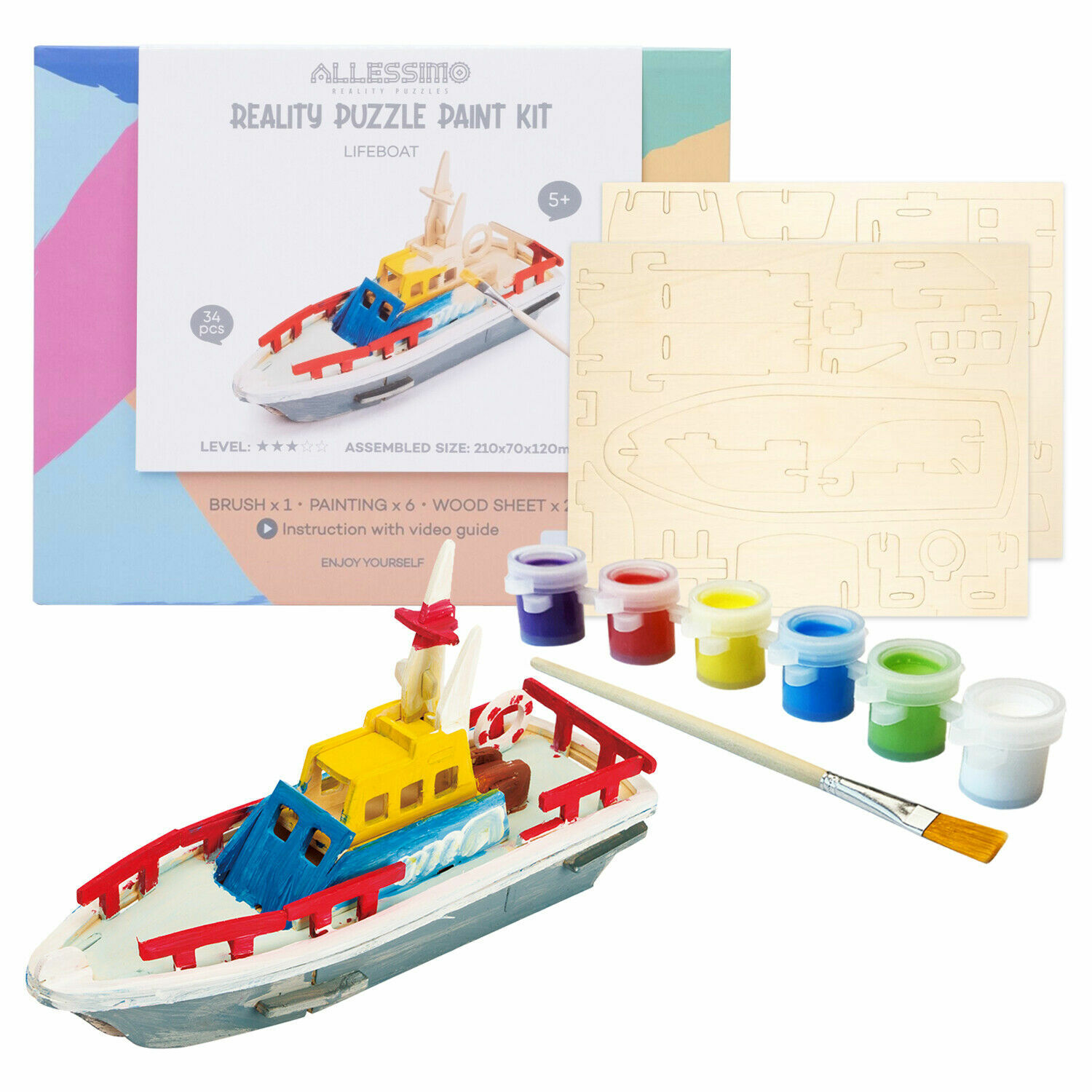 Allessimo Reality 3D Wooden Lifeboat Puzzle Model Paint Kit Toys for Kids Puzzle
