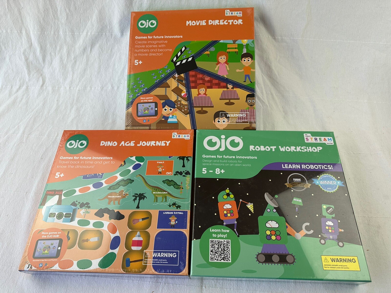 LOT OF 3 sealed OJO Board Games Movie Director Dino Age Journey Robot Workshop