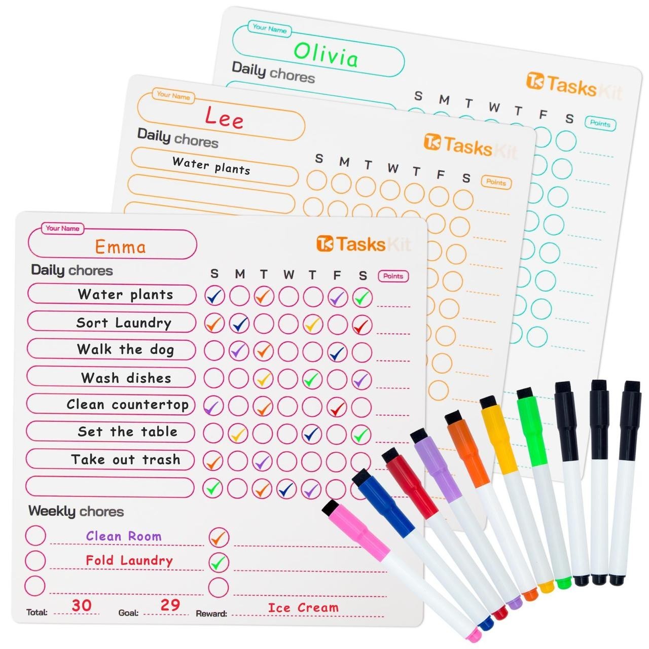Magnetic Chore Chart for Kids Set of 3 with 10 Dry Erase Markers Personalized