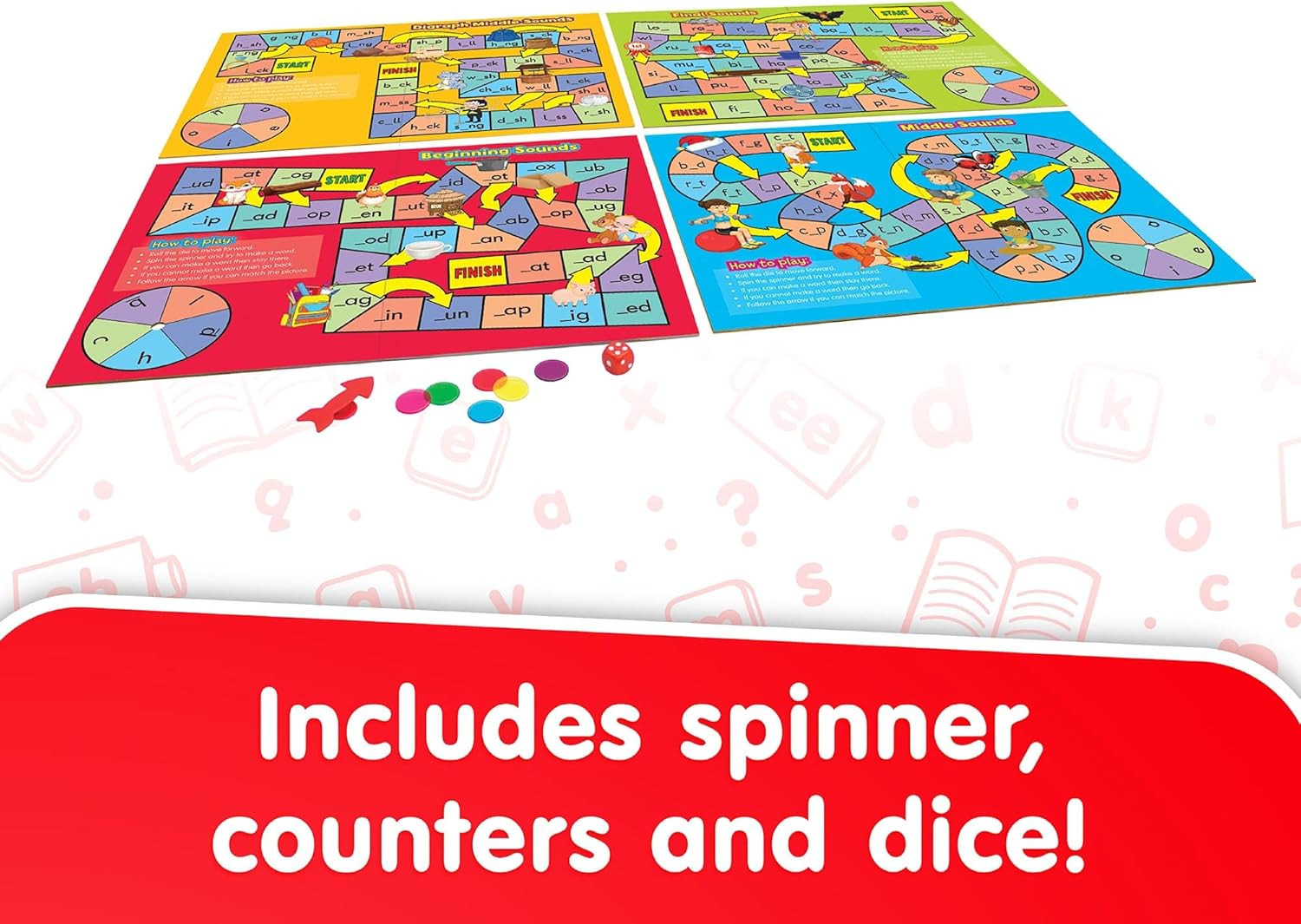 Phonics Board Games Set, 6 Counters, Ages 4-5, Language Skills, Pre K-K, Medium