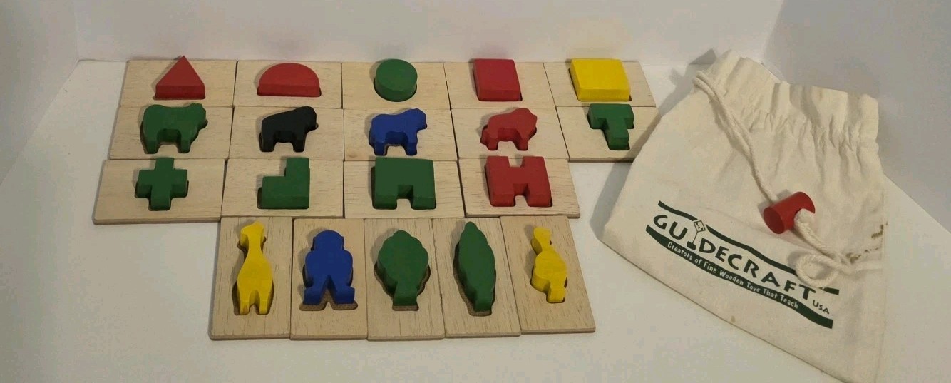 Vintage Guidecraft 3D Feel and Find – Wooden Sensory Matching Game w Canvas Bag
