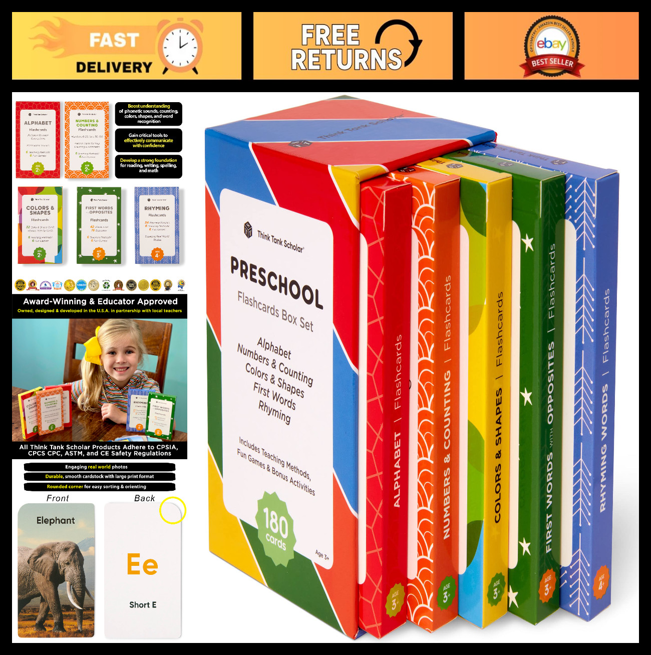 Educational Flash Cards Set for Kids – 180 Jumbo Cards for Learning Alphabet, Nu