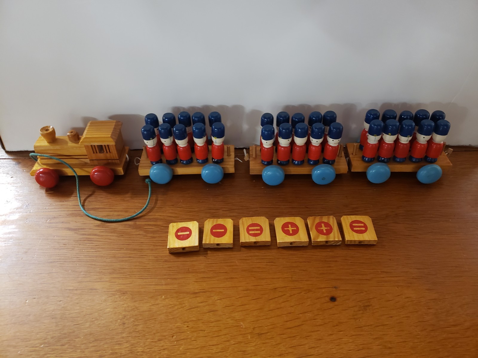 Vintage Wooden Toy Soldiers Counting Math Learning Pull String Train