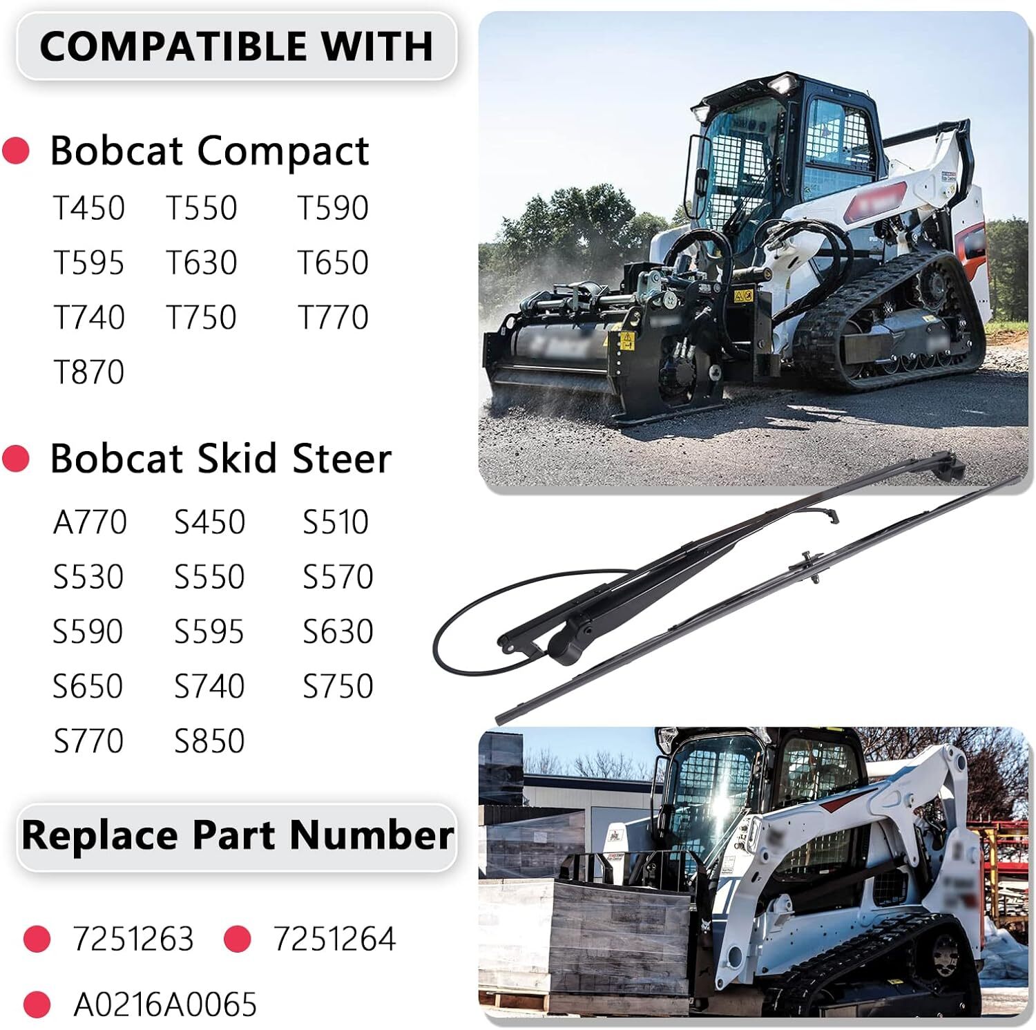Windshield Wiper Arm & Wiper Blade Kit 7251263 7251264 Compatible with Bobcat
