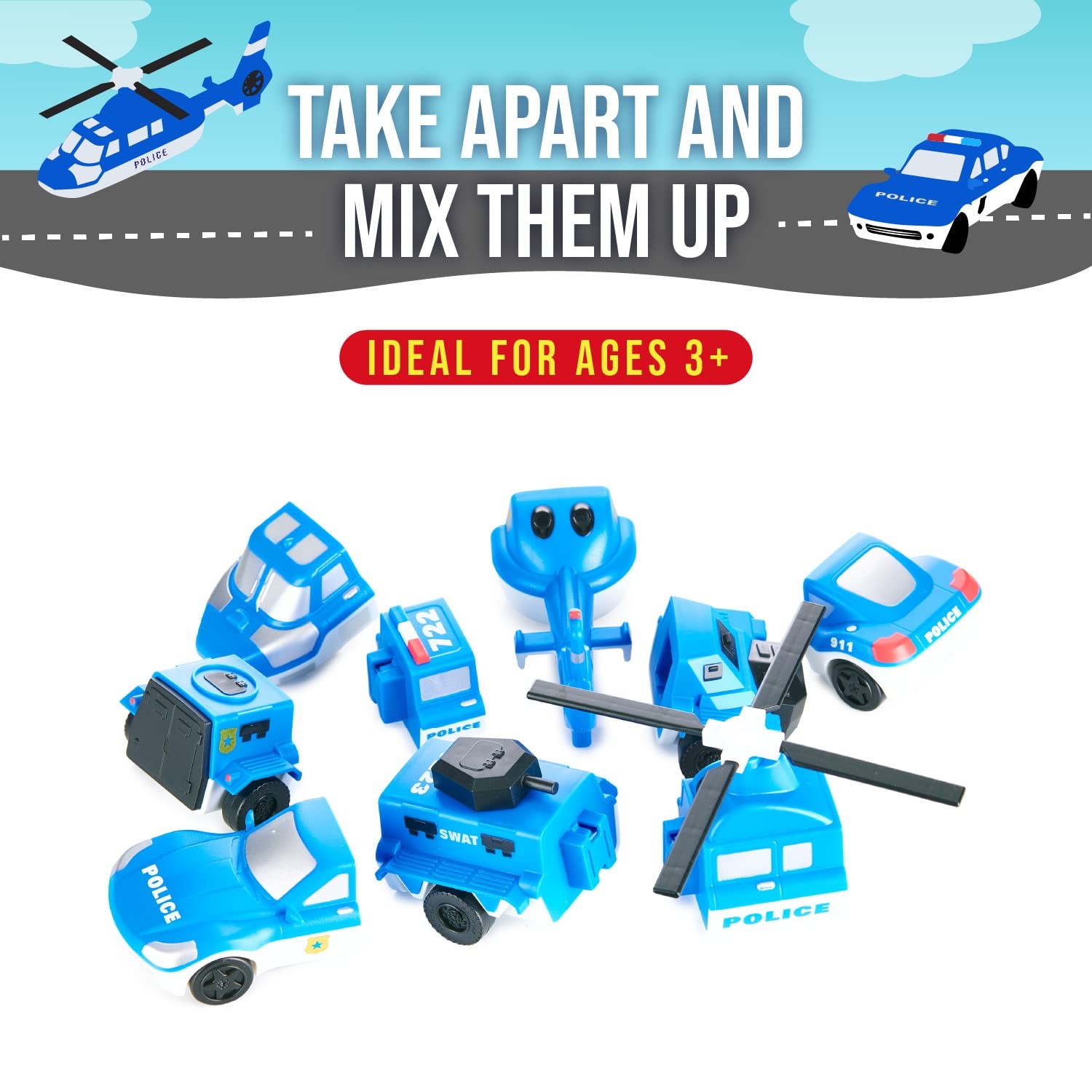 Mix and Match Police Vehicles Magnetic Toy Set for Kids Ages 3 and Up