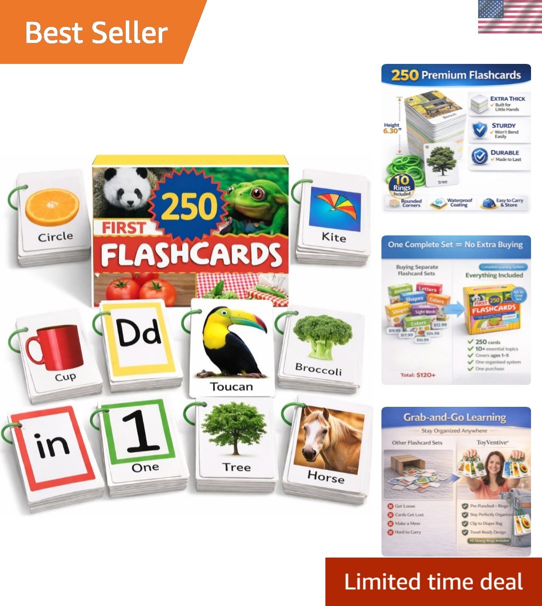 500 Words Thick & Sturdy Learning Flash Cards for Toddlers 1-3 with Rings – 1…
