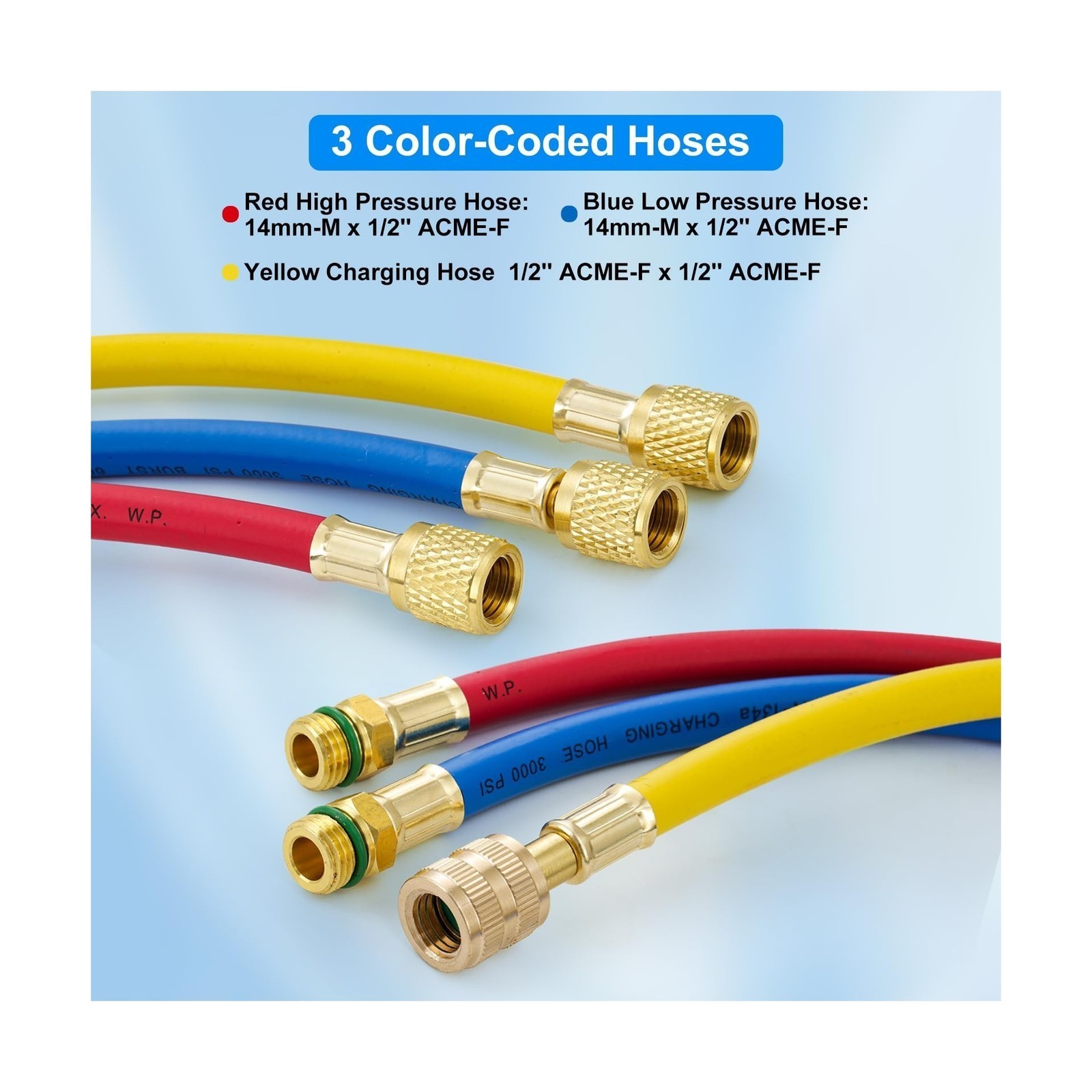 A/C Charging Hose Kit – 5ft R134A – 1/2″ SAE – 3 Colored – 1Set