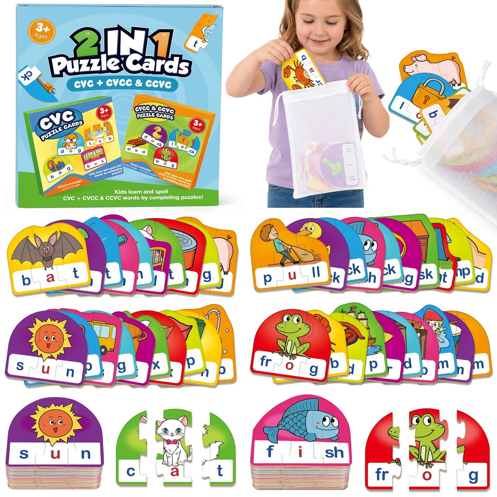 Phonics & Word Puzzle Cards for Kids 3+, 2 in 1 CVC & CVCC Reading and Spelli…