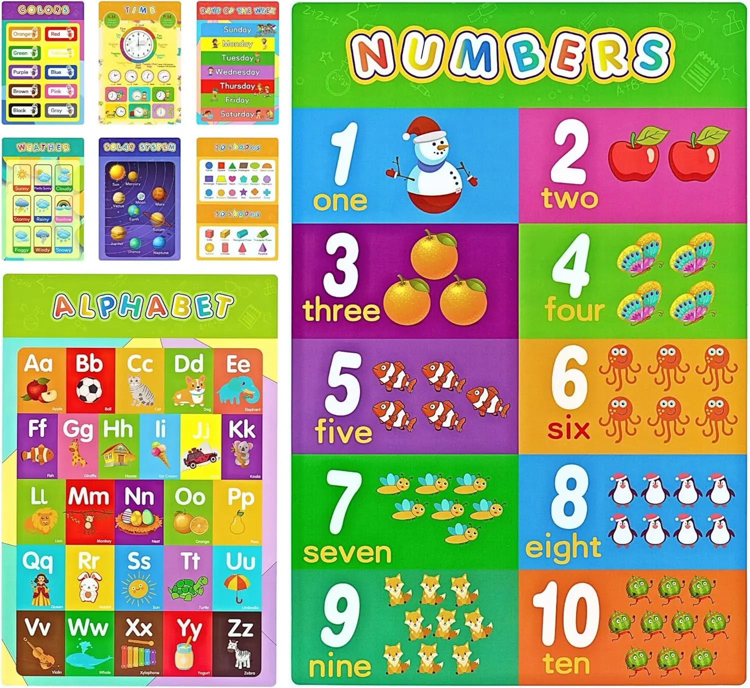 16 Educational Posters for Kids 1-3 Laminated Learning ABC Chart Numbers Colors