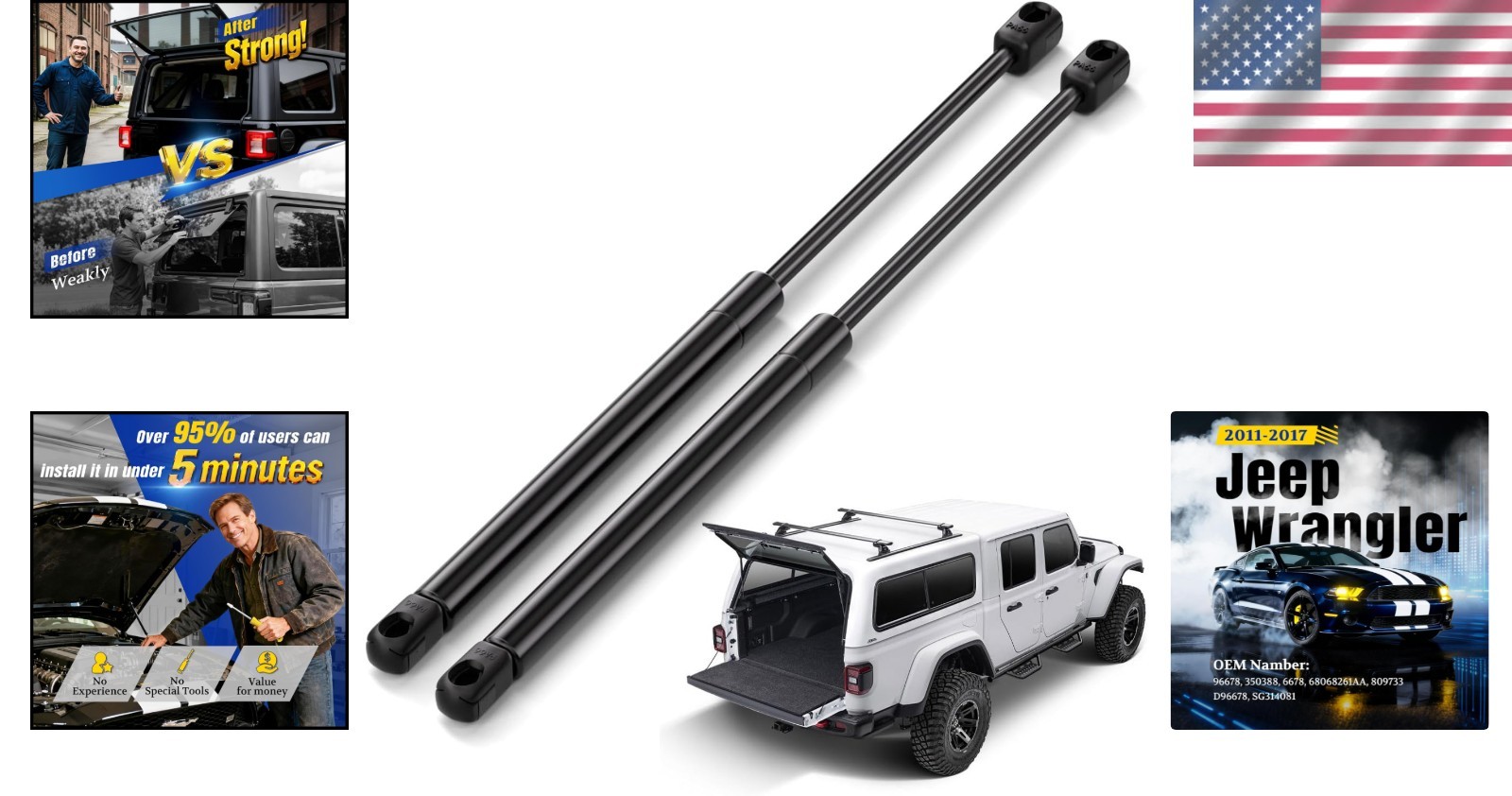 Durable Black Rear Window Struts for Jeep Wrangler 2011-2018 – 19.68″ Length