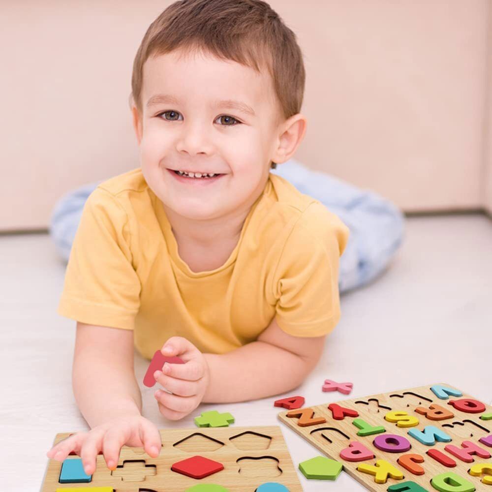 Wooden Alphabet Letters Numbers Learning Educational Jigsaw Puzzle Kids Baby Toy