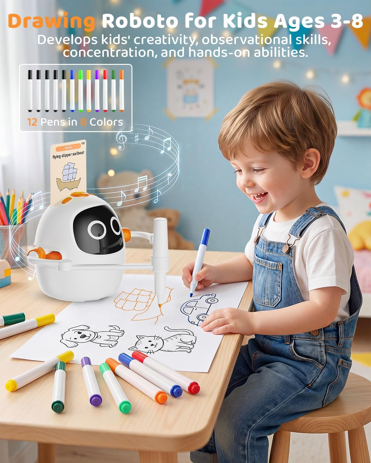 Drawing Robot for Kids 3-8 Rechargeable Interactive Montessori 200+ Cards 12 Pen