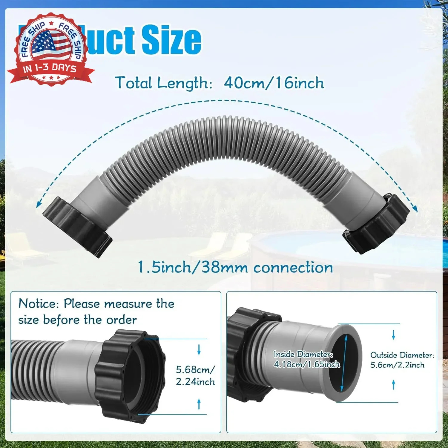 EBOOT 1 Pack 16 Inch Pool Pump Hoses for Above Ground Pools 1.5″ Diameter Sand F