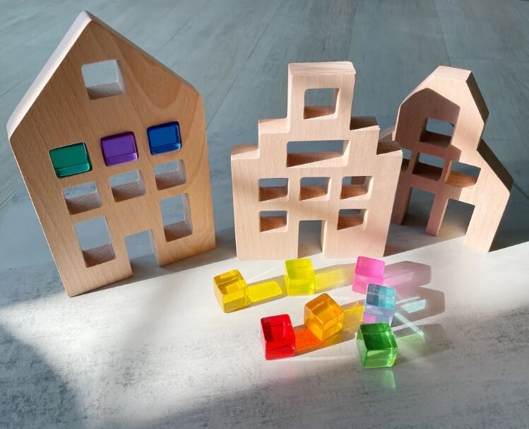 Dutch wooden houses with acrylic cubes, sensory toy set