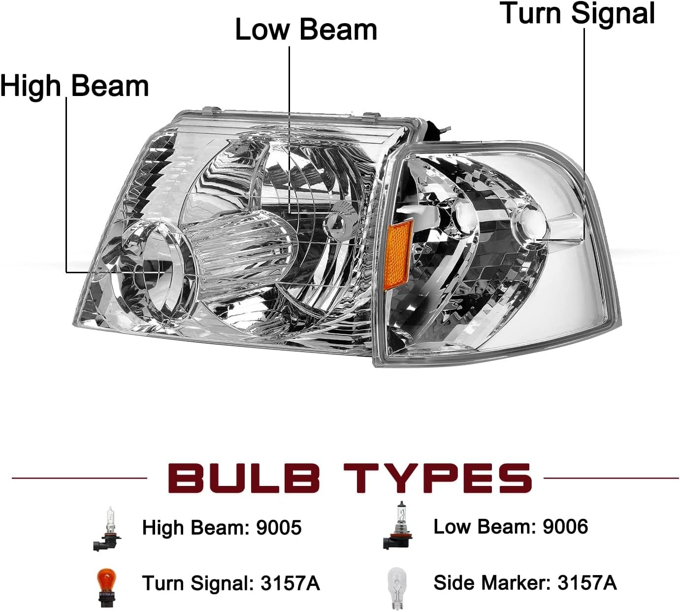 02-05 Ford Explorer Headlight Assembly Chrome Housing Amber Corner Pair & Bulbs