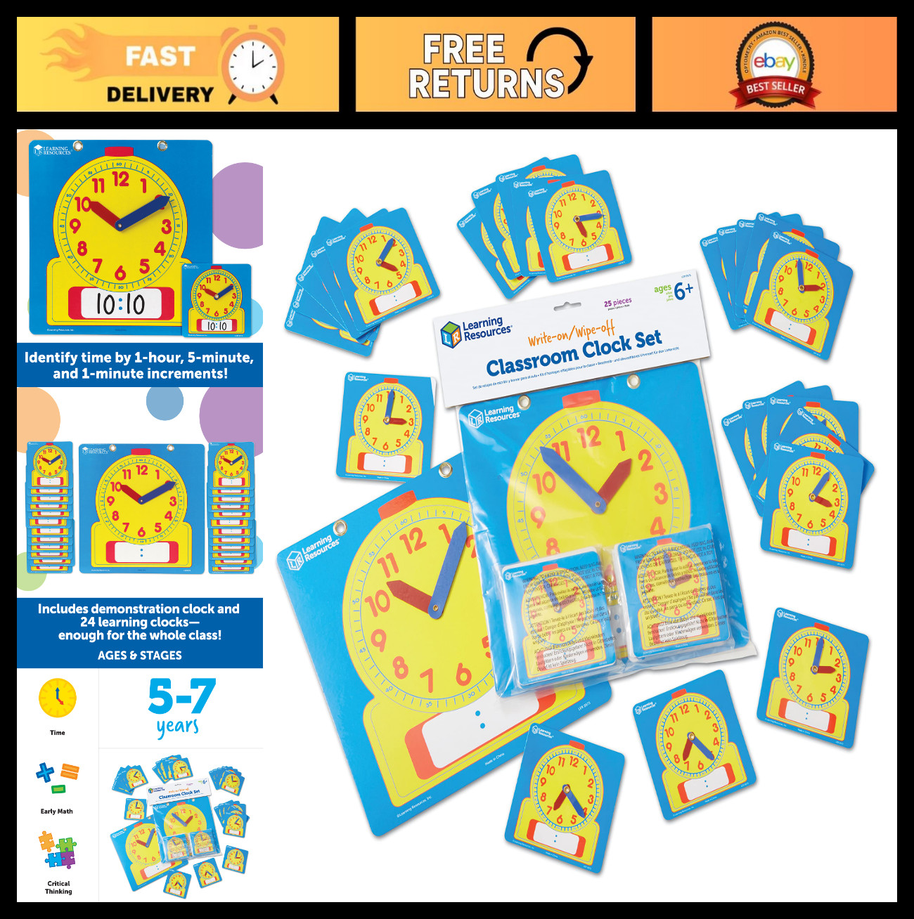 25-Piece Write & Wipe Clocks Set – Dry-Erase Teaching Aids for Learning Time, Ag