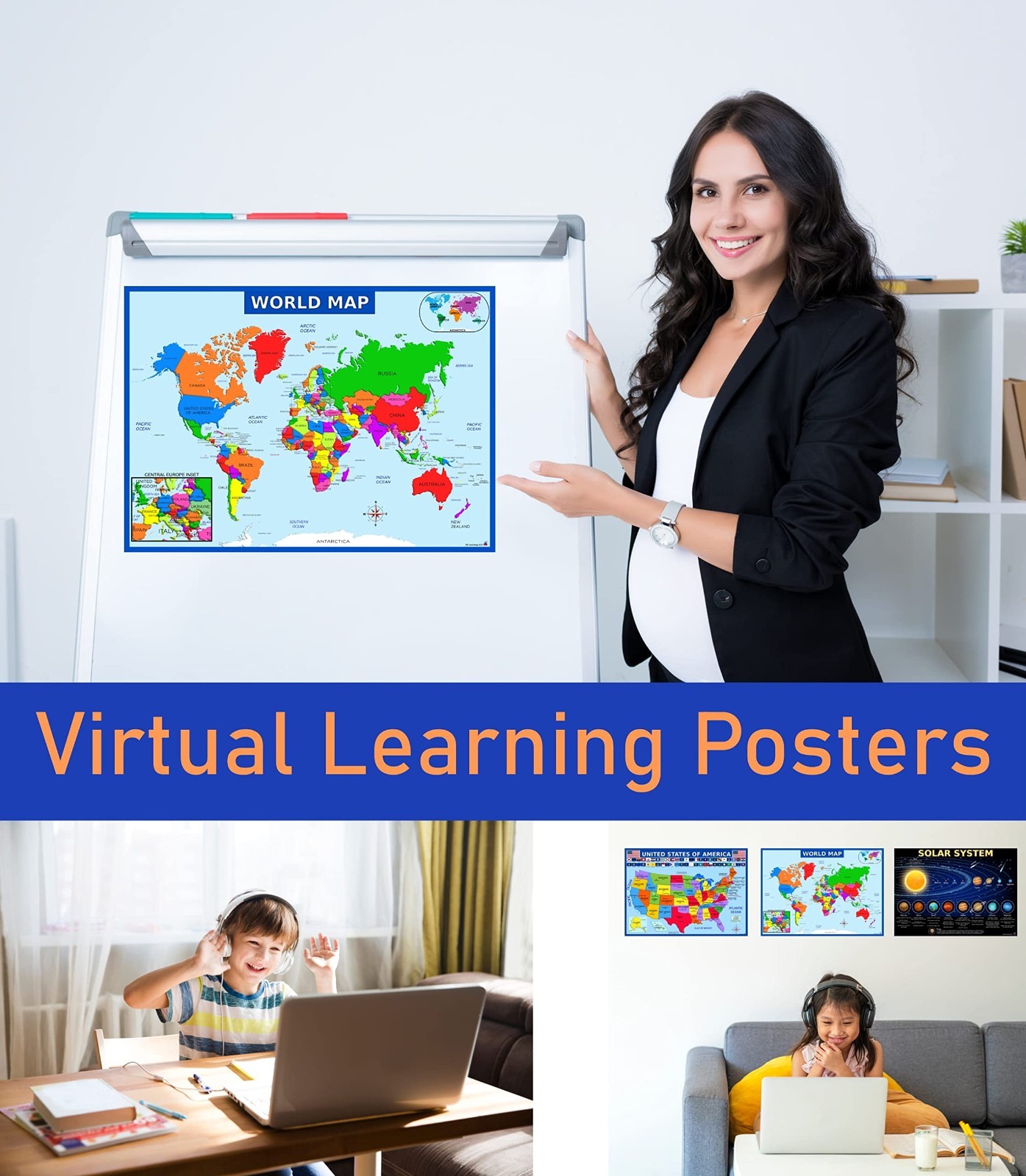 Educational World Map & US Map Poster + Solar System – Laminated 14×19.5″ – Clas